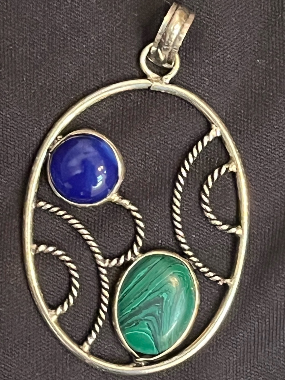 VTG Silver Malachite & Blue Art Glass Openwork Pendant 2.25”